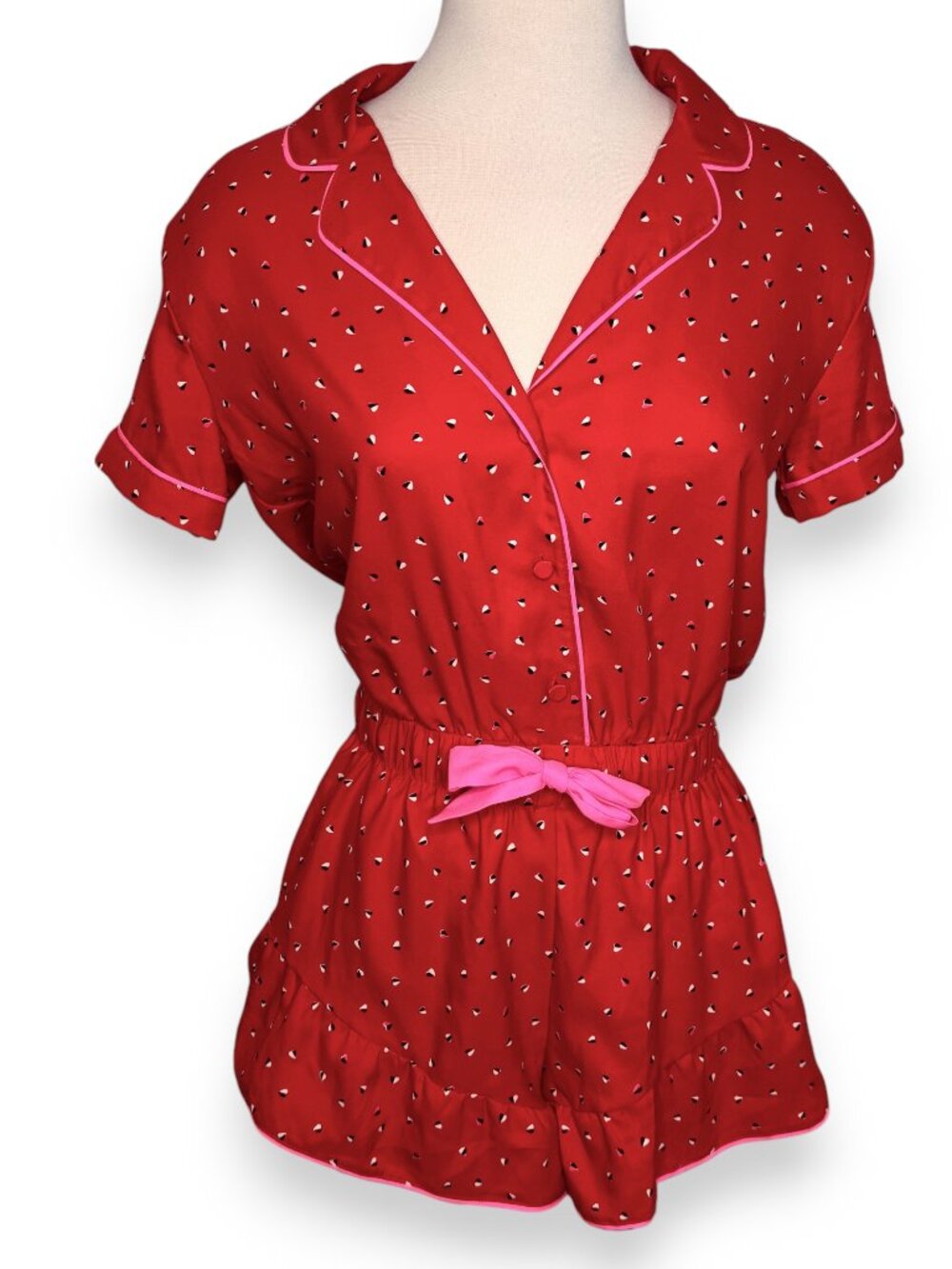 Victoria's Secret Red Short Sleeve Button Front Elastic Waist Pink Tie Romper S